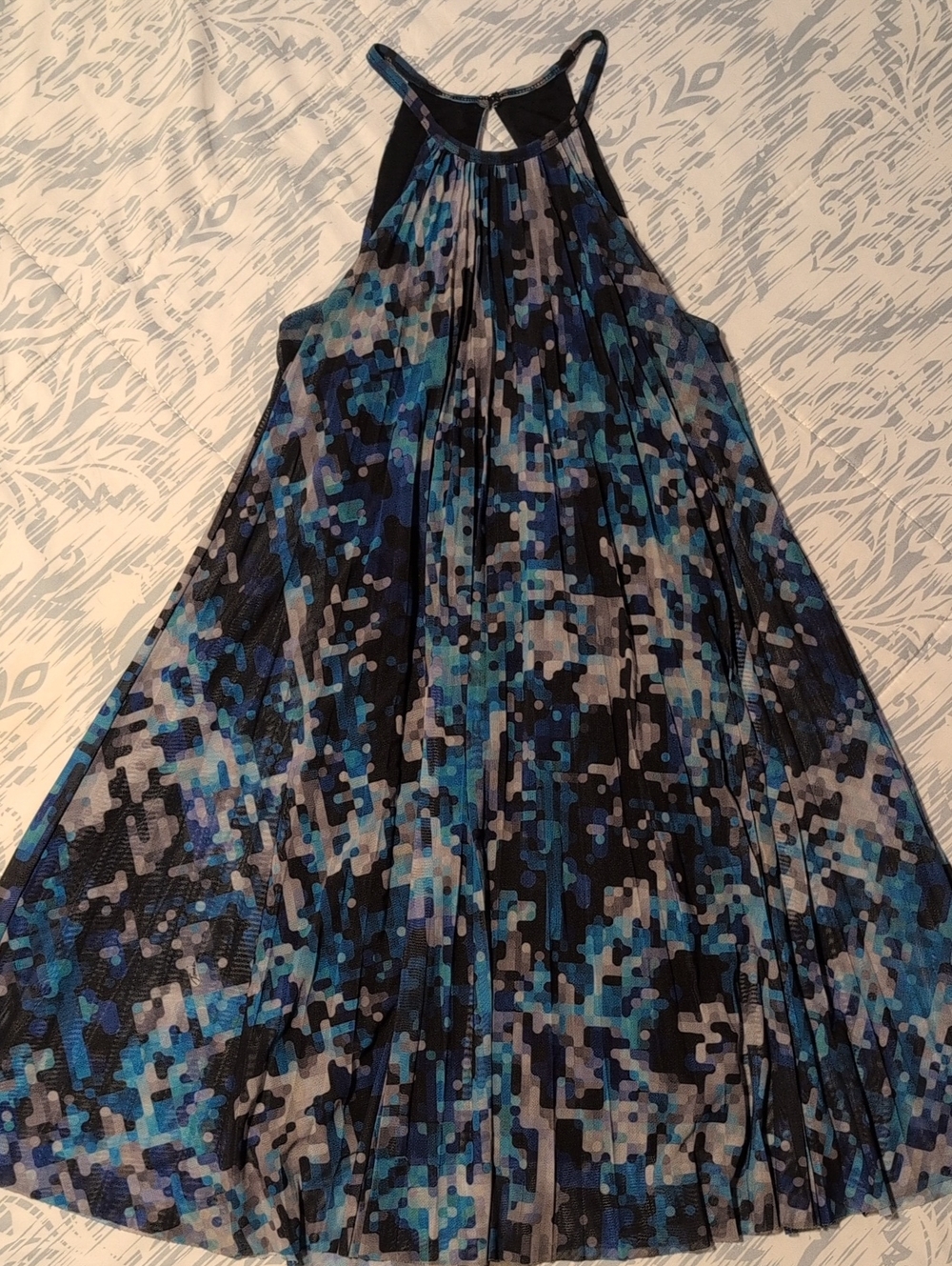 Trina Turk Pleated Halter Neck Trapeze Dress in Blue Pixel Print Small